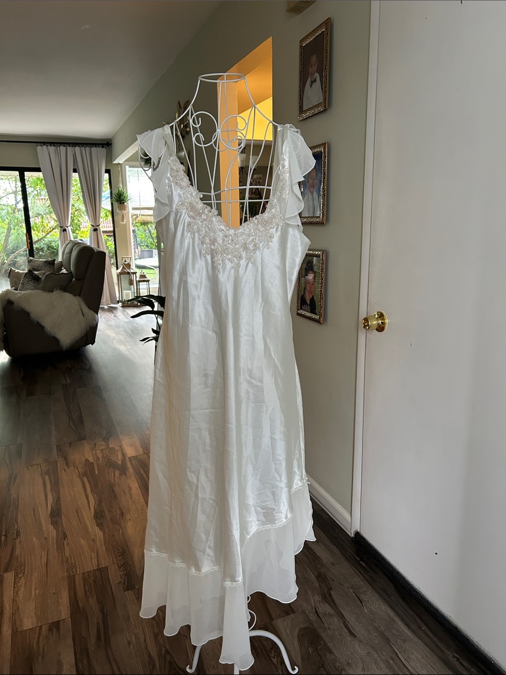 Expressions Satin Embroidered Nightgown with Ruffle Shoulders